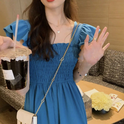 Summer French Flying Sleeve Pleated Waist Tight Dress Hepburn Square Collar Tea Break Midi Dress