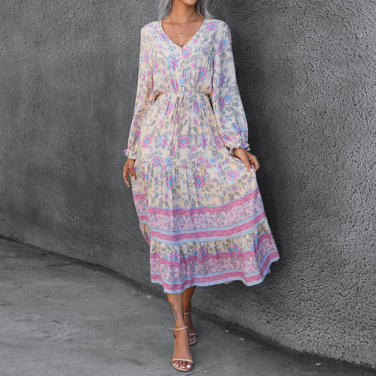 Autumn Winter Bohemian Casual Vacation Long Sleeve Positioning Printing Large Swing Dress