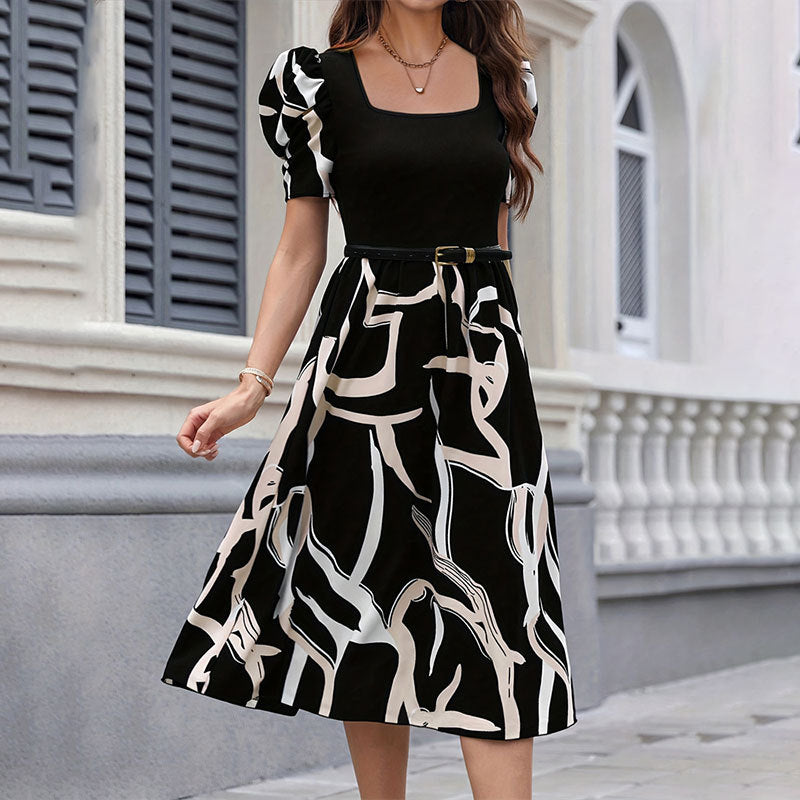 Office Knitted Printed Stretch Square Collar Slimming Short Sleeve Puff Sleeve Dress Women Clothing No Belt