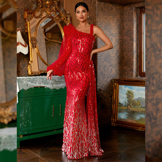 Robe longue de soirée à paillettes, élégante et Sexy, manches longues, col diagonal, dos nu, robe de Cocktail, demoiselle d'honneur, moulante, Maxi, pour femmes