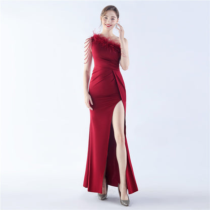 Craft Beaded Plus Ostrich Feather Annual Meeting Ceremony Wedding Evening Dress Winter