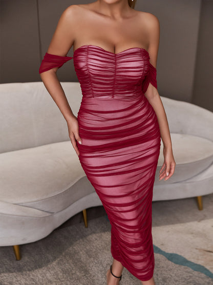 Bandeau One-Shoulder Tight Dress Women Sexy Wine Red Mesh Elegant Summer Evening Party Dress Maxi Dress