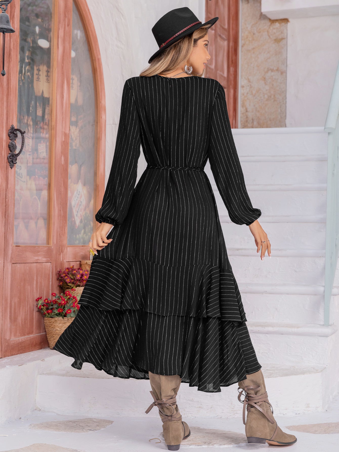 Mixed Batch Black Chiffon Striped Waist High Lantern Sleeve Holiday Dress