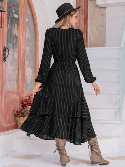 Mixed Batch Black Chiffon Striped Waist High Lantern Sleeve Holiday Dress