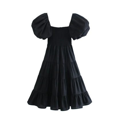 Early Spring Women Clothing Square Collar Puff Sleeves High Waist Swing Dress Black Dress