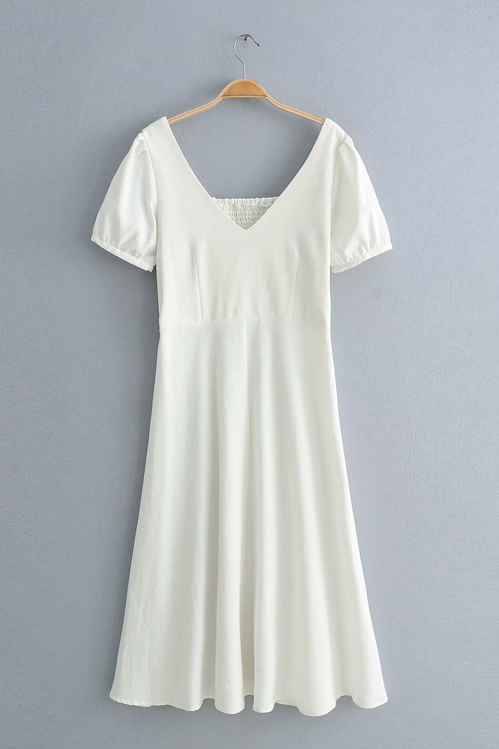 Robe d'été à manches courtes en coton et lin pour femmes, col en V blanc