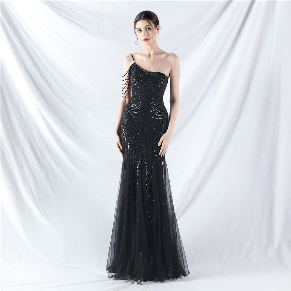 Dress Craft Beading Positioning Floral Sequin Stitching Mesh High-End Evening Dress