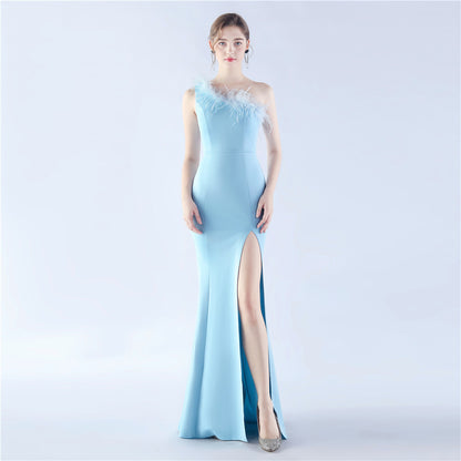 Satin Craft Order Ostrich Feather Dinner Exhibition Wedding Evening Dress