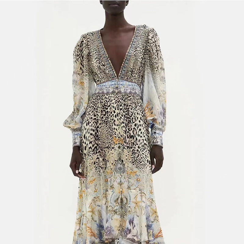 Vestido de primavera para mujer, de manga larga, con escote en V grande, estampado de leopardo, cintura adelgazante, vestido largo asimétrico irregular