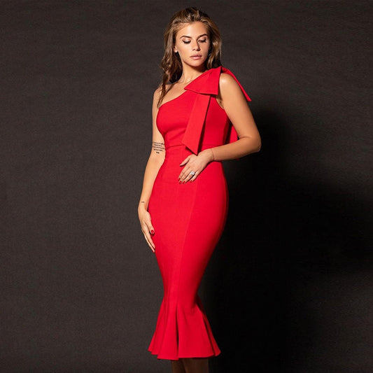 Robe de soirée rouge à lacets à une épaule pour l'été, robe de soirée sexy et ajustée en queue de poisson pour femmes