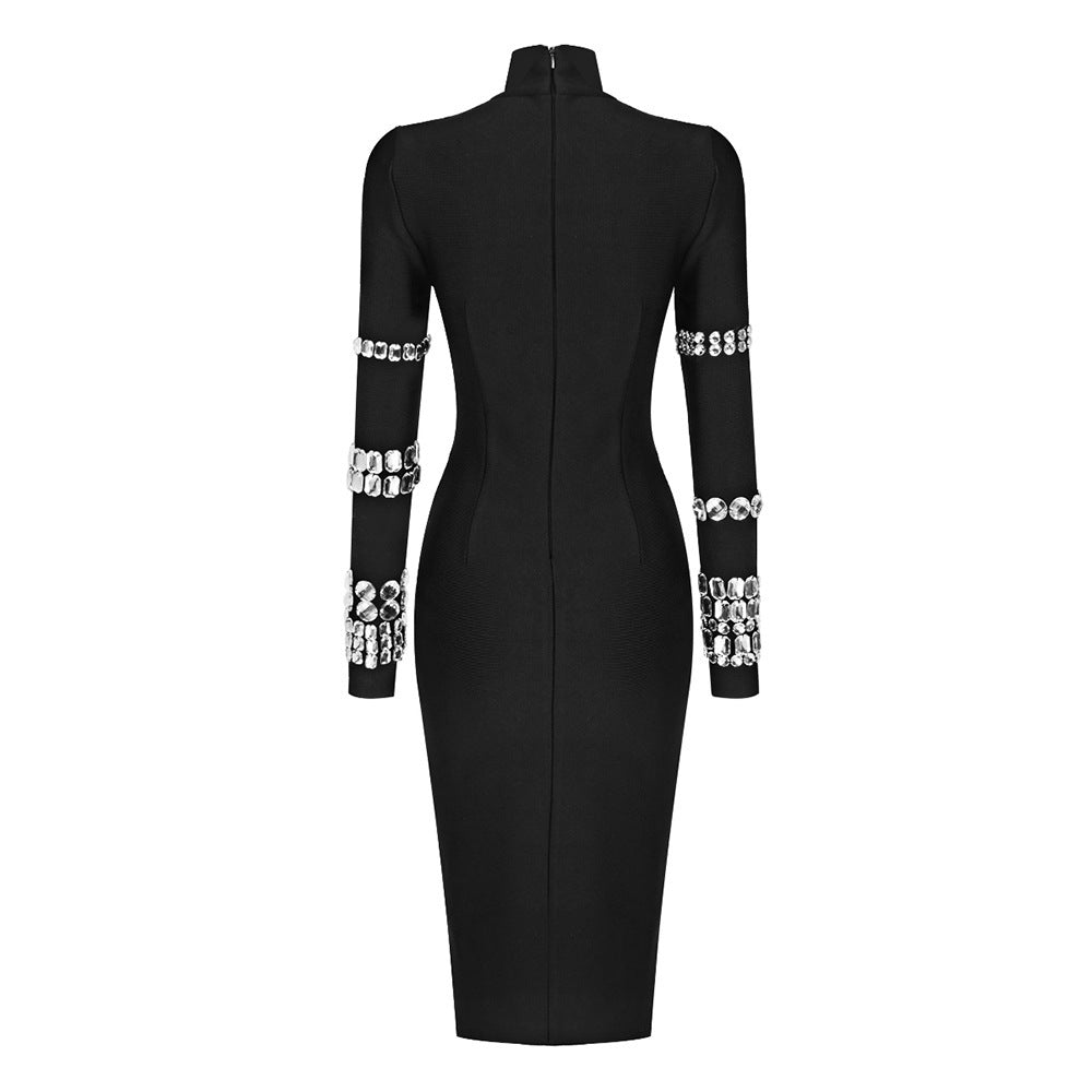 Autumn Winter Heavy Industry Beads Turtleneck Bandage Dress Slim Sheath Long Sleeve Knitted Dress