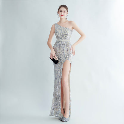 Positioning Floral Sequin One Shoulder Diagonal Collar Side Slit Long Evening Dress