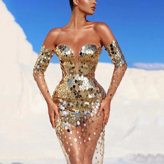 Robe d'été pour femme, robe de soirée longue, sexy, transparente, en maille, à paillettes, épaules dénudées