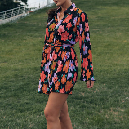 Vestido de verano con estampado Floral y cordones, cuello vuelto, cárdigan de una botonadura, Vestido de manga larga para mujer