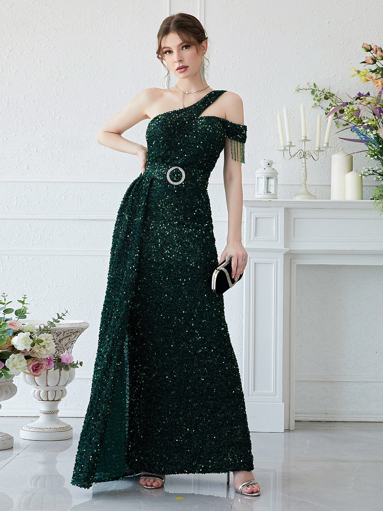 Elegant Dress Sequin off Shoulder Sleeveless Prom Evening Dress Slim Fit Sequined Fishtail Dress