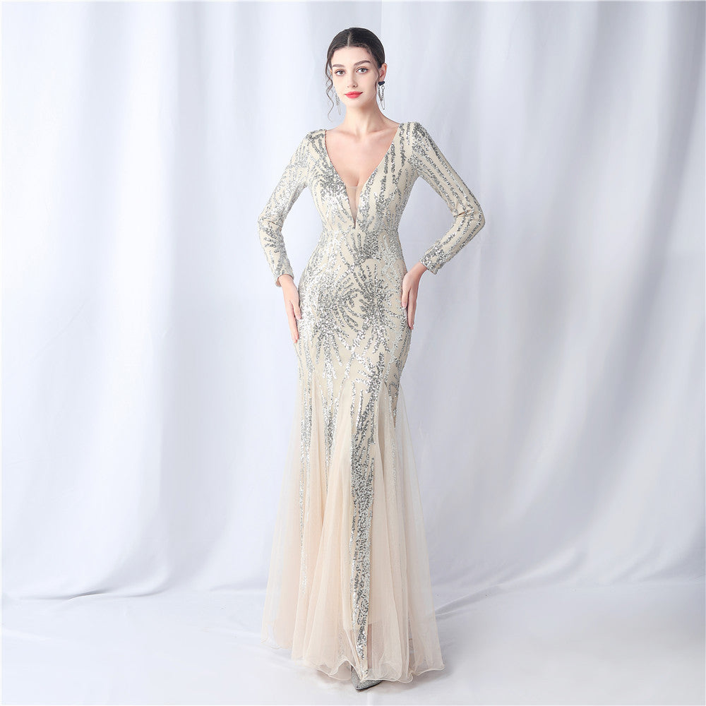 Mesh Sequin Wedding Dinner Annual Meeting Host Long Sleeve Evening Dress