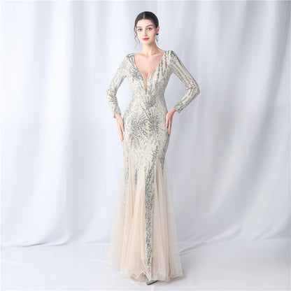 Robe de soirée à manches longues pour hôte de réunion annuelle de dîner de mariage en maille à paillettes