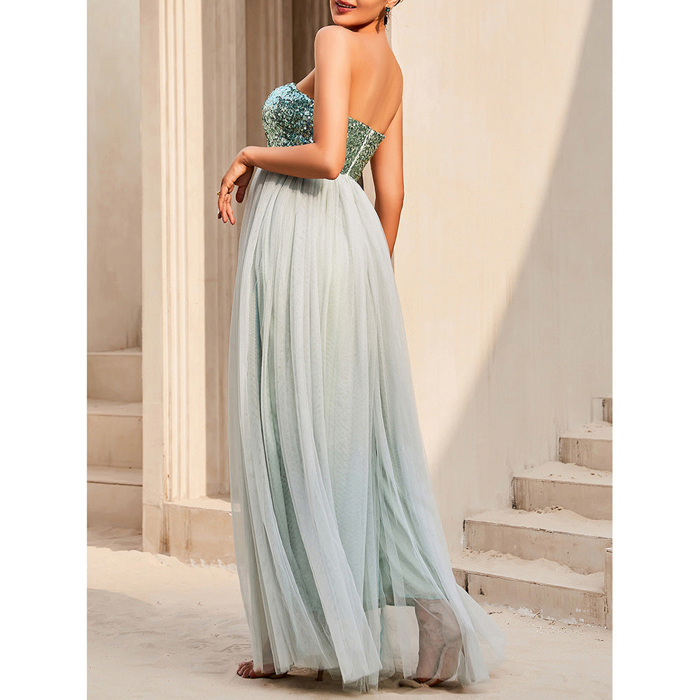 Women Elegant Sexy Tube Top Green A Line Maix Dress