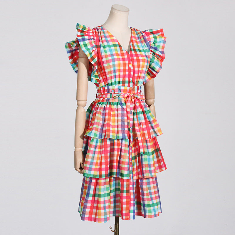 French Pastoral Retro Summer Flying Sleeves Plaid Printing Color Contrast Short High Waist Dress for Women