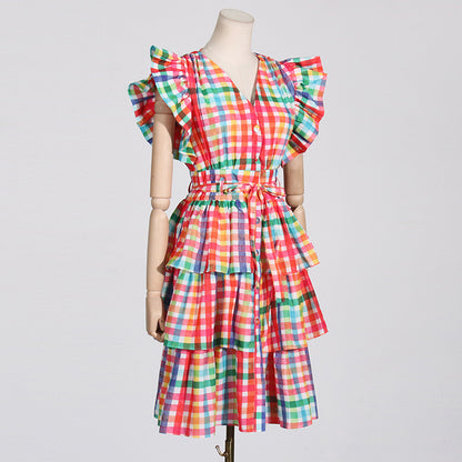 French Pastoral Retro Summer Flying Sleeves Plaid Printing Color Contrast Short High Waist Dress for Women