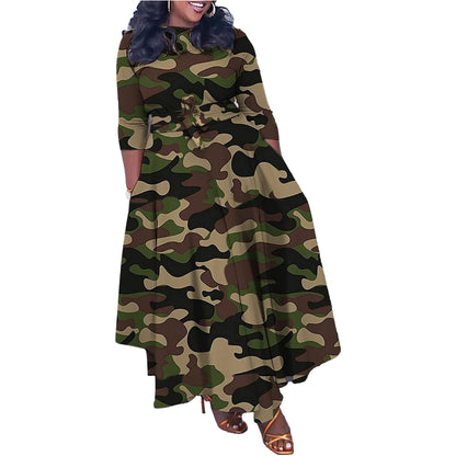 Robe sexy à lacets, coupe ajustée, imprimé camouflage, grande taille, serrée