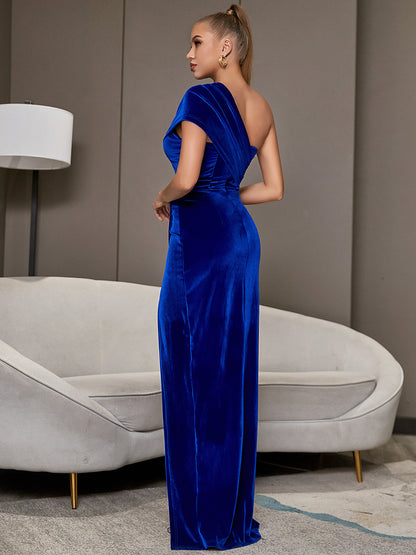 Robe de soirée longue en velours à une épaule et manches courtes pour femme, tenue sexy à fente haute, idéale pour les soirées en boîte de nuit