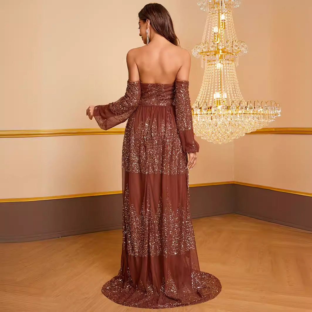 Robe longue à paillettes, haut tube, robe à manches longues, robe de soirée élégante