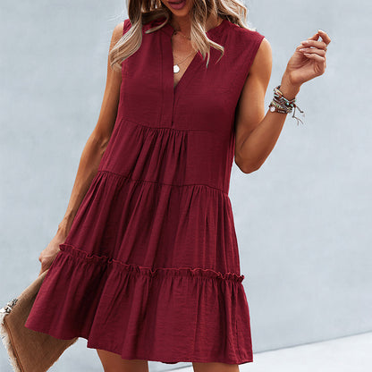 Summer V neck Sexy Solid Color Dress Irregular Asymmetric Stitching Sleeveless Office Large Swing Dress for Women