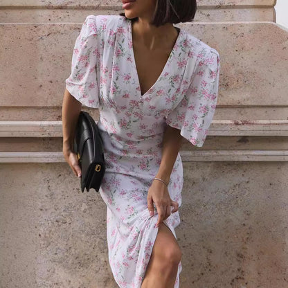 Short Sleeved Floral Dress Summer V Neck Shoulder High Waist Long Floral Dress