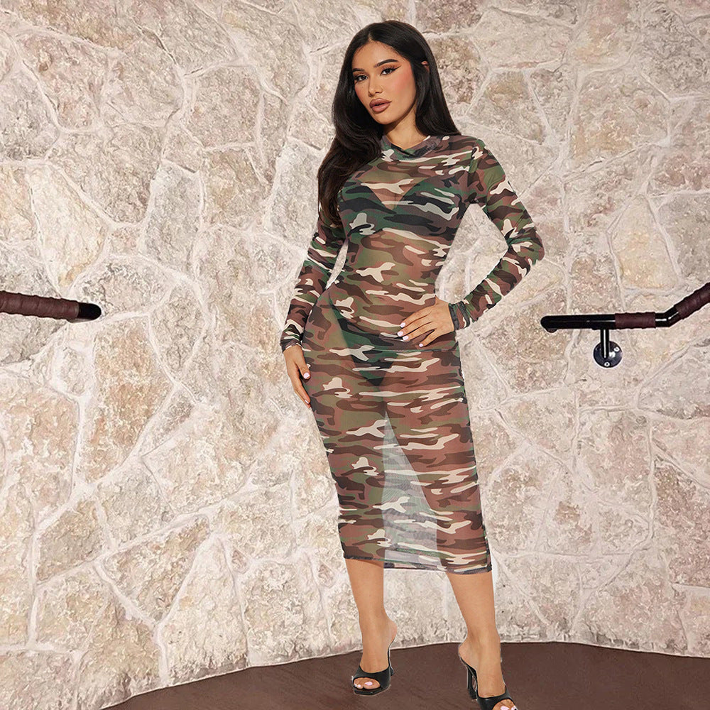 Robe sexy en maille camouflage ajourée et transparente