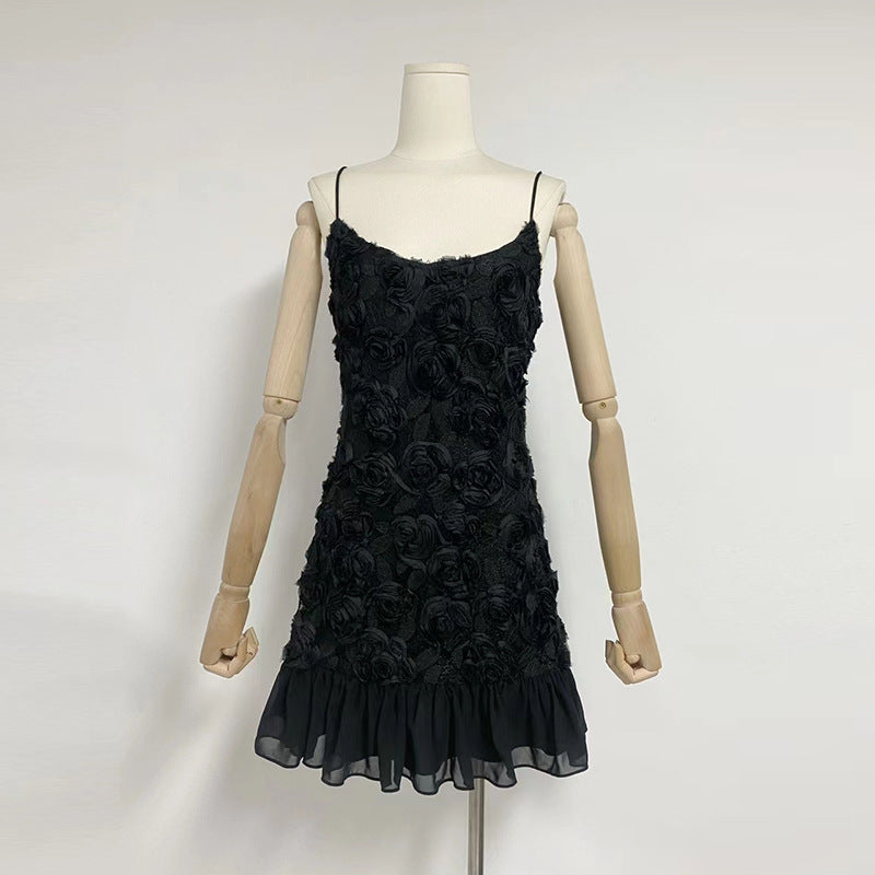 Sexy Black Slip Dress Summer Short Cinched Three Dimensional Floral Ruffled Stitching Dress