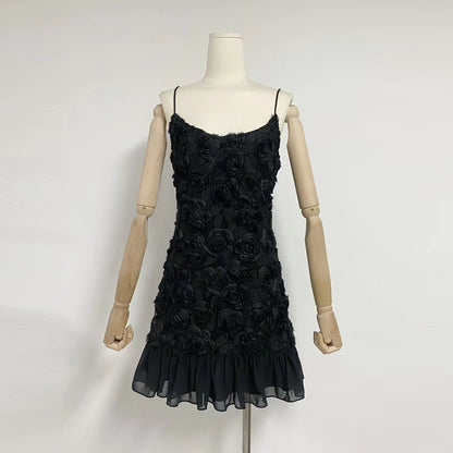 Sexy Black Slip Dress Summer Short Cinched Three Dimensional Floral Ruffled Stitching Dress