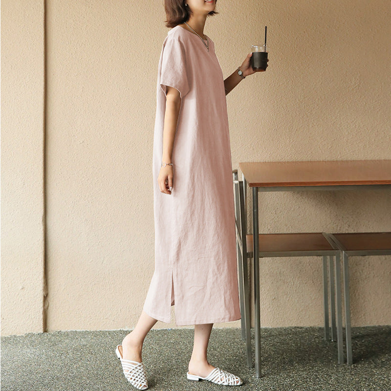 Spring Summer Dress Cotton Linen Niche Women Clothing Cotton Short Sleeve Casual Simple Loose Maxi Dress