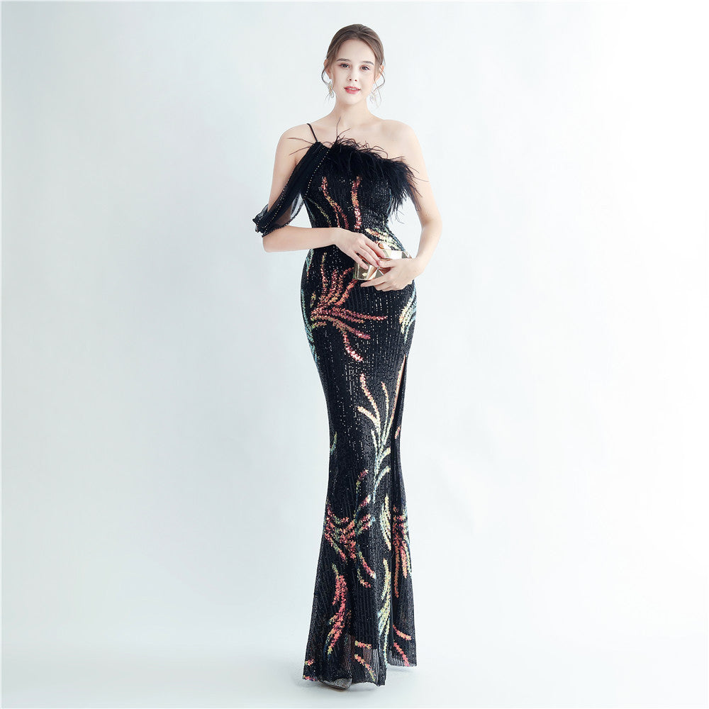 High Density Ostrich Feather Craft Beading High End Evening Dress