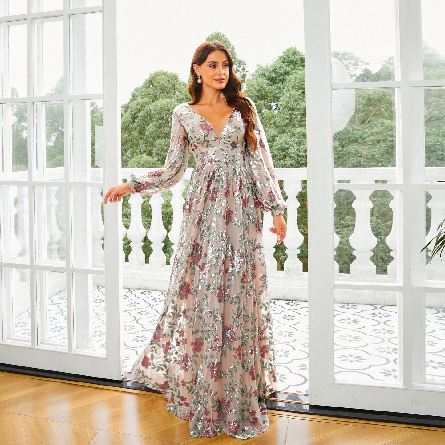 Vestido de noche de cóctel con lentejuelas largas y escote en V de manga larga, vestido de dama de honor para mujer