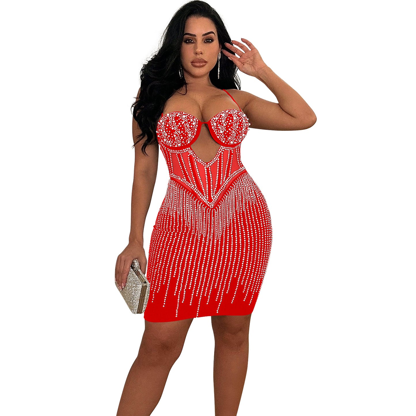 Women Wear Solid Color Mesh Rhinestone Slip Dress Dress