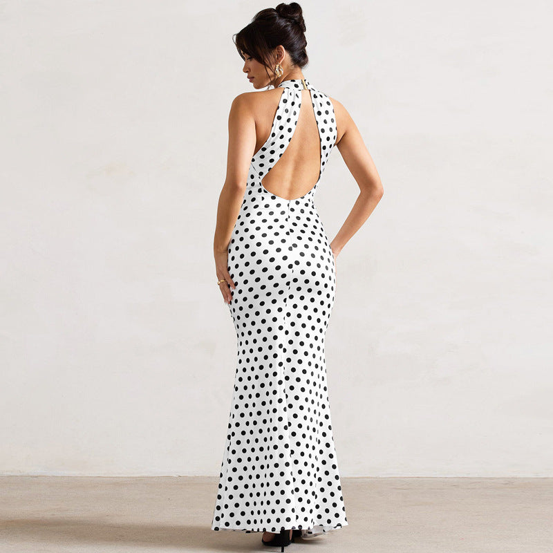 Summer Satin Polka Dot Halter Backless Dress