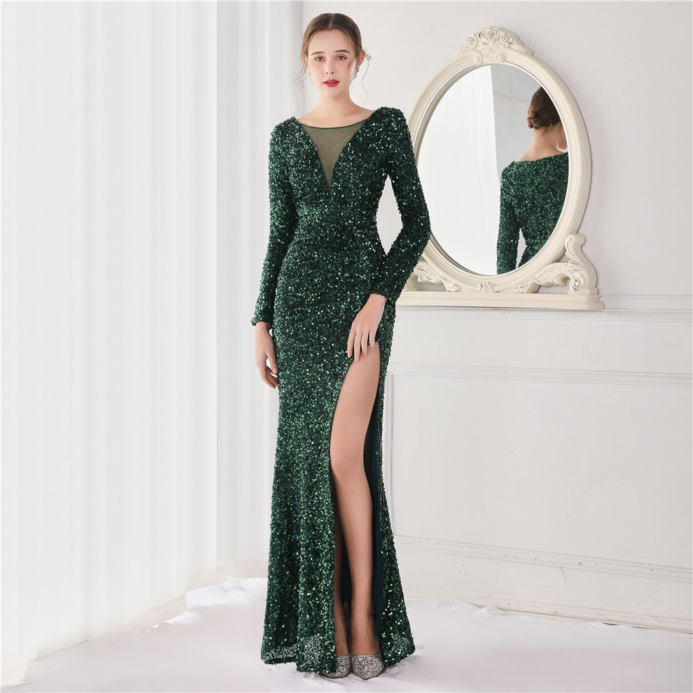 Robe de soirée élégante à manches longues et paillettes en queue de poisson