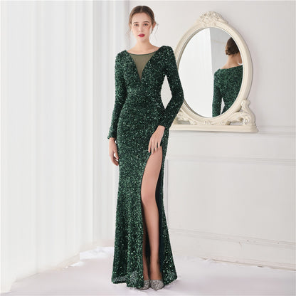 Cocktail Elegant Long Long Sleeve Sequined Atmosphere Fishtail Evening Dress