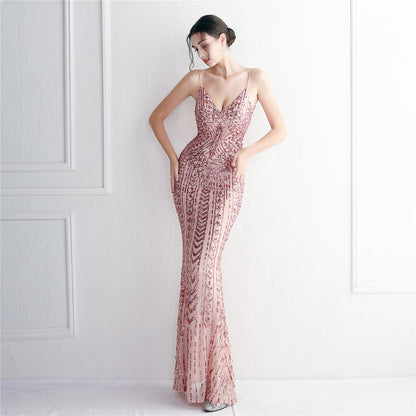 Positioning Floral Sling Party Sequined Dress Long Cocktail Slim Fit Evening Dress Fishtail Dress