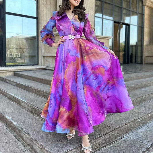 Spring Summer Printing Wide Hem Gauzy Dress Commuting Women Clothes Dress