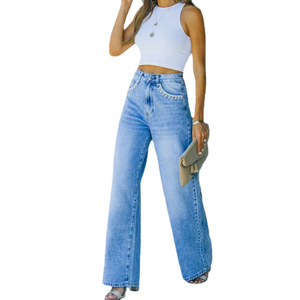 Pantalon en denim délavé ample avec poche pétale pour femme