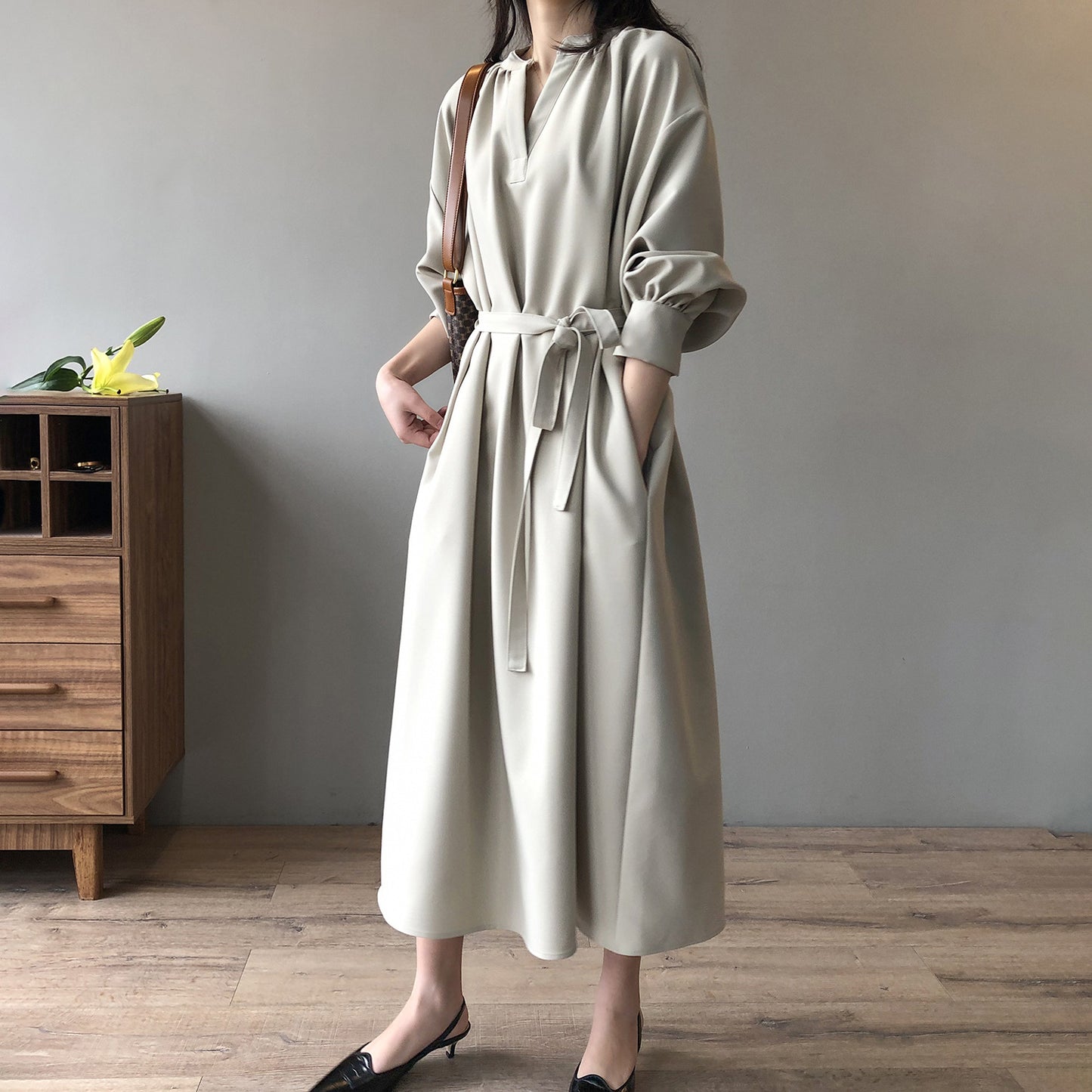 Robe longue à col en V pour femmes, tenue coréenne, ample, élégante, nouée, automne