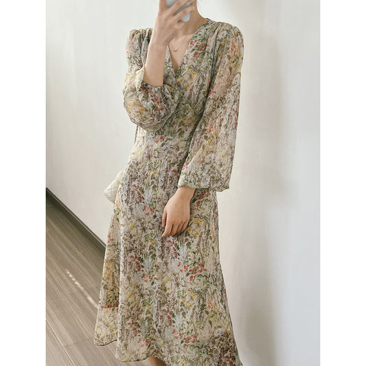 Robe florale douce à col en v pour femmes, tenue mi-longue cintrée à manches longues, style coréen, printemps et été