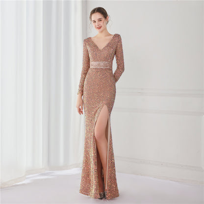 Robe de soirée élégante à manches longues et paillettes pour cocktail