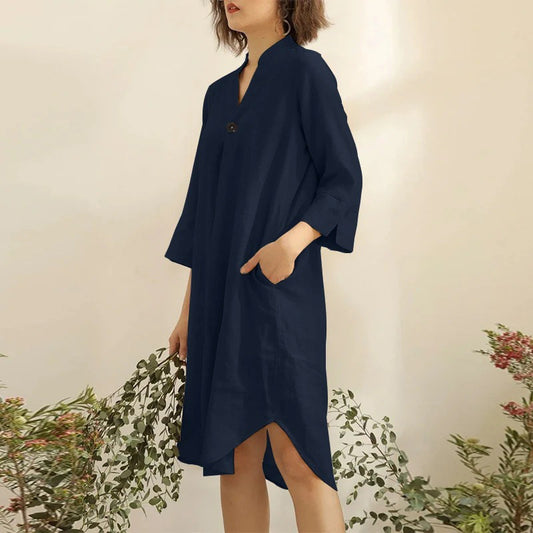 Fall Simple Loose Solid Color Mid Length V Neck Sleeves Casual Dress