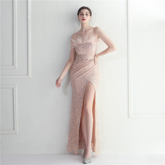 Craft Wool Decoration Star Socialite Nightclub Dance Ceremony Strapless Long Type Formal Dress