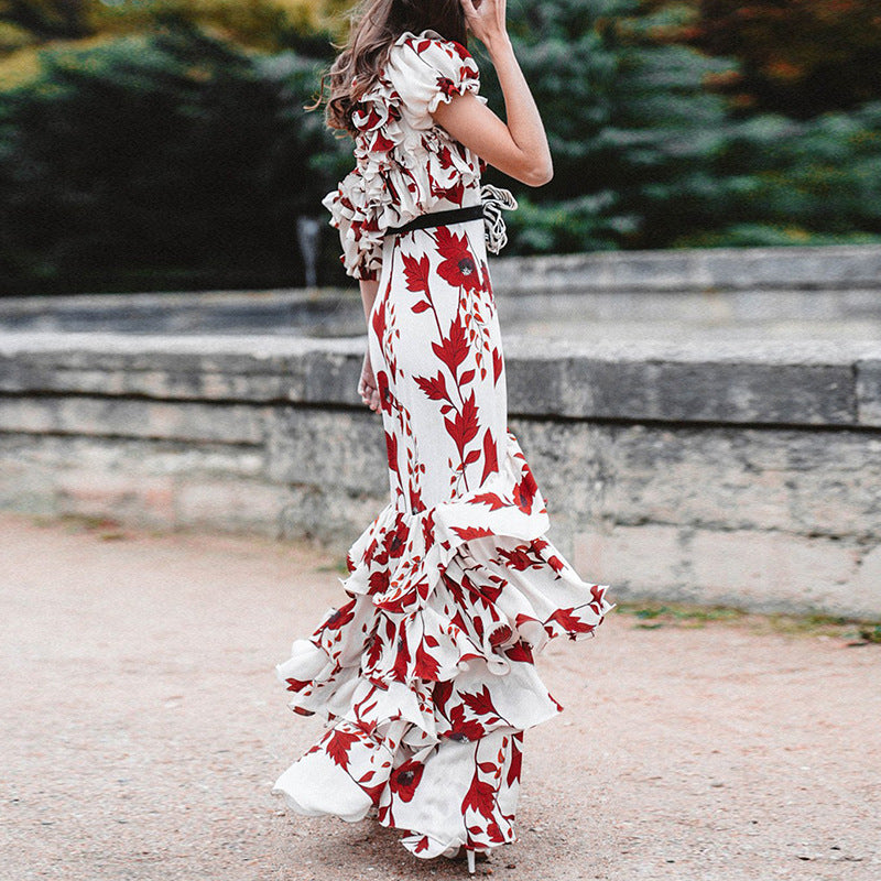 Star Ruffled Printed Slim Fishtail Mop Maxi Dress