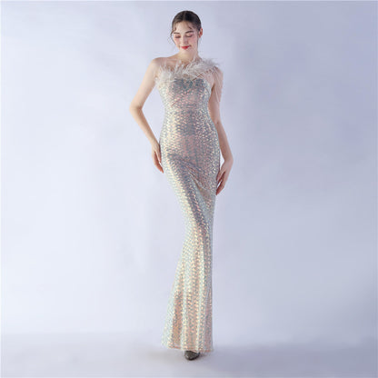 Ostrich Hair Beaded Magic Color Sequin Dinner Exhibition High End Evening Dress