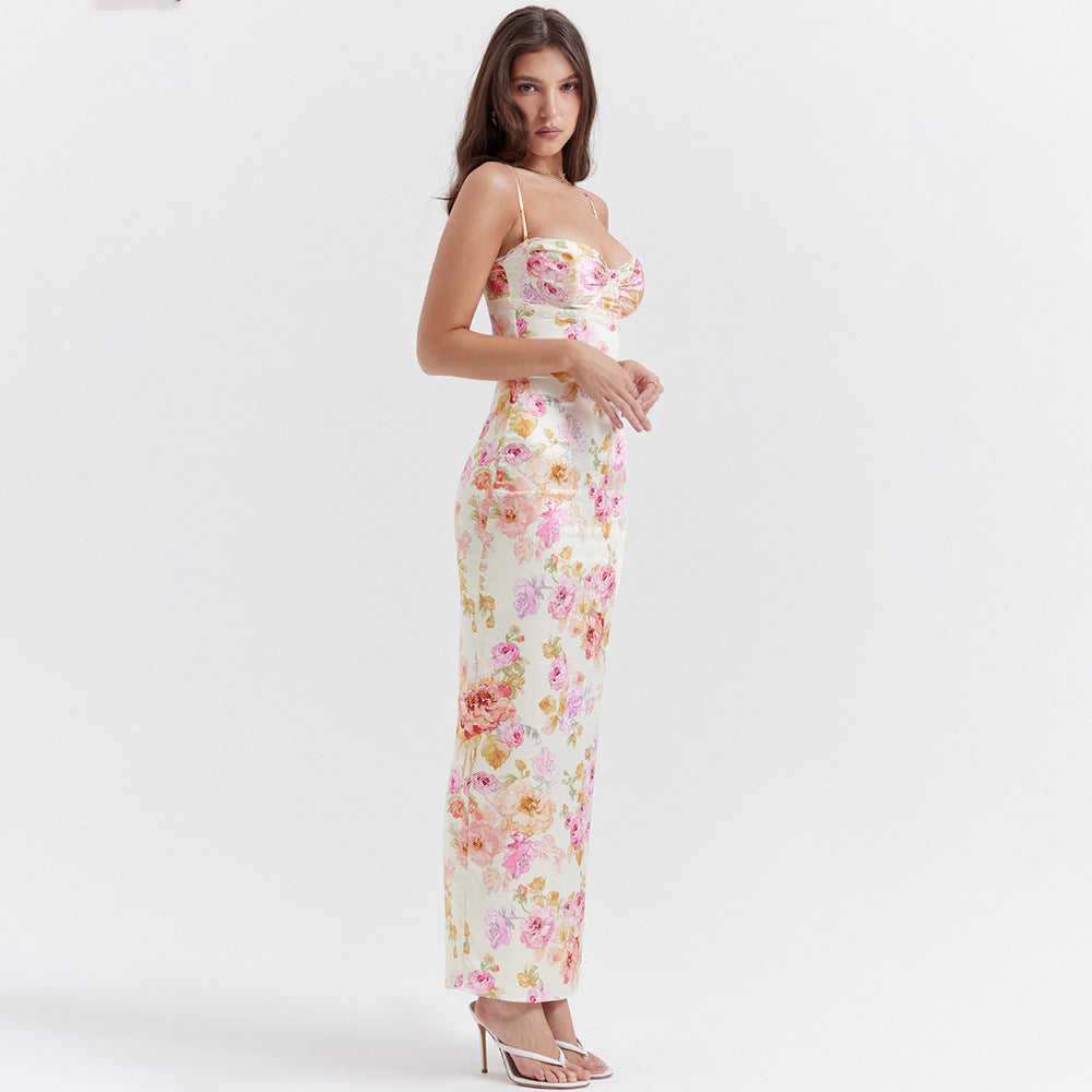 Robe imprimée à bretelles pour femmes, tenue de vacances sexy à dos nu et fente florale pour femmes